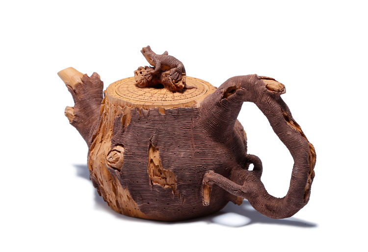 仿木外皮紫砂壺，創(chuàng)意木樁手工雕刻紫砂壺